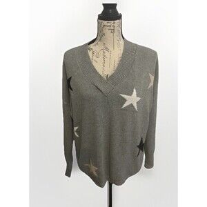 Promesa Gray V-Neck Star Sweater Small Black Tan White Stars Cozy Knit Over Size